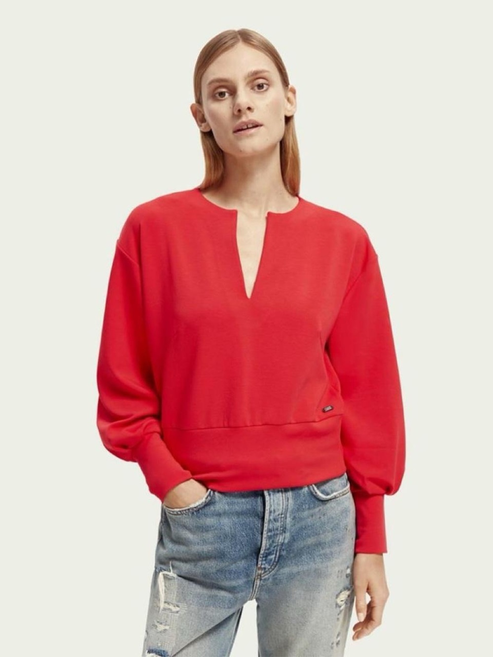 Scotch & Soda Women's V Neck Puffed Sleeve Sweater in Electric Red